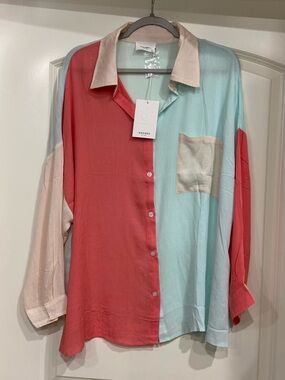 ANDRÉE BY UNIT Pastel Colorblock Sheer Blouse in Peach & Mint with Cream Trim